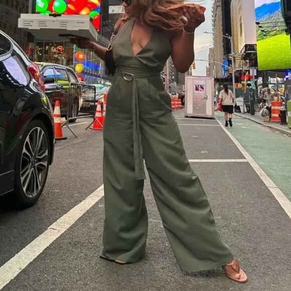 Adam Lippes Olive Green Wide Leg Jumpsuit SIZE 2 Halter Backless Designer $410 - Picture 10 of 11